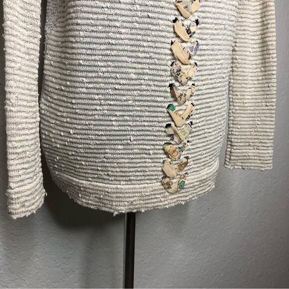 Anthropologie Akemi + Kin cream tan striped floral lace up trim knit top Small - Picture 10 of 14